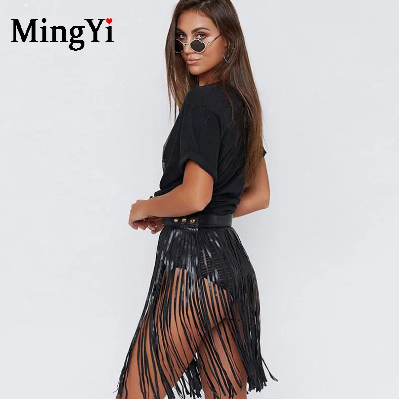 Leather Fringe Skirt Black Women Sexy 