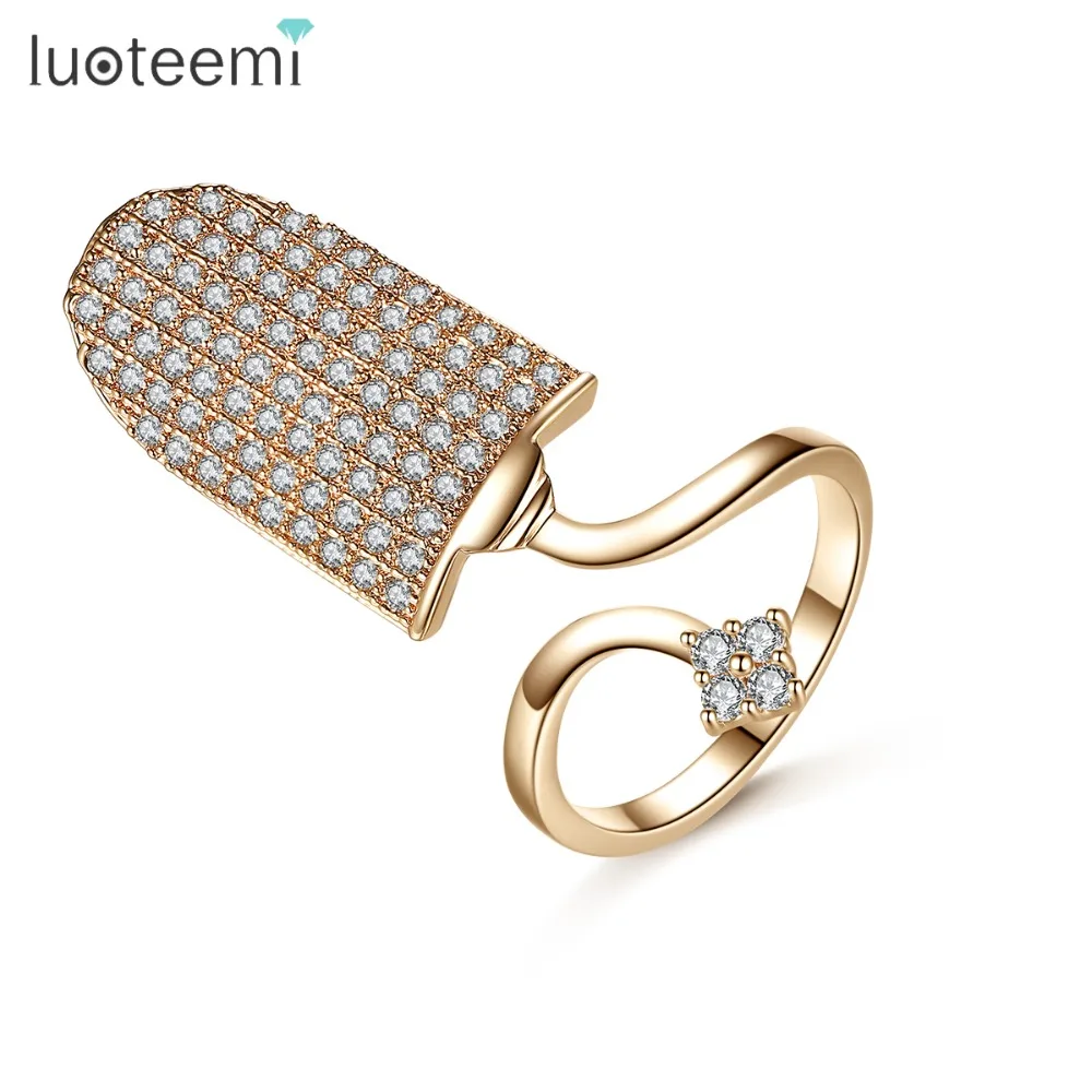 

LUOTEEMI New Rose White Gold Color Nail For Female Flower Embellishment Cubic Zirconia Adjustable Size Punk Finger Ring Jewelry
