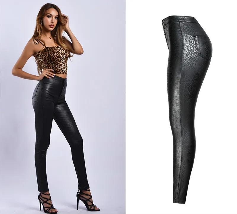 LOGAMI/кожаные брюки со змеиным принтом; женские брюки из искусственной кожи; женские пикантные брюки-карандаш; черные модные новые