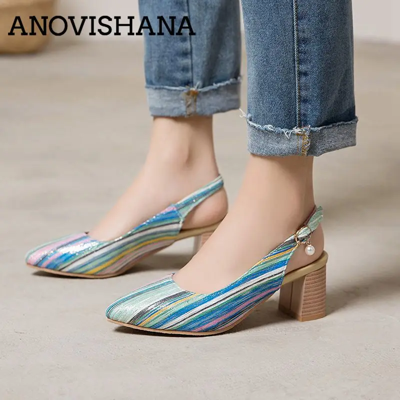 

ANOVISHANA size34-46women's summer shoes pointed toe chunk heels sandals print stripe ladies shoes chaussures footwear stilettos