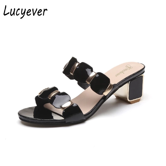 Lucyever 2018 new women square heels gladiator sandals brand design fashion pu leather summer shoes metal party sandals