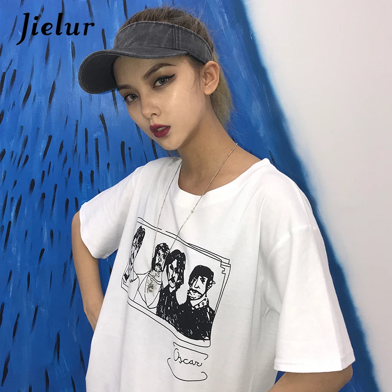 Уличная мода Jielur черные футболки для женщин Harajuku BF необычная Футболка с принтом
