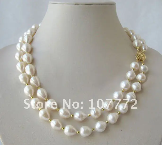 

Beautiful 2 Strands 19-20" 13 mm white baroque freshwater pearl necklace
