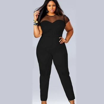 

2020 summer hot sale mesh patchwork shot sleeve plus size 3xl 4xl hollow out sexy club party women Elegant Rompers Maxi Overalls