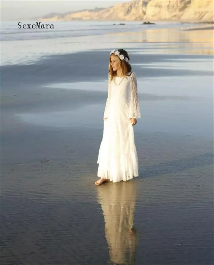 

Ivory White Boho First Communion Dress for Girls Flower Girls Dress Bohemian Beach Style Long Sleeve Custom Made High Quality