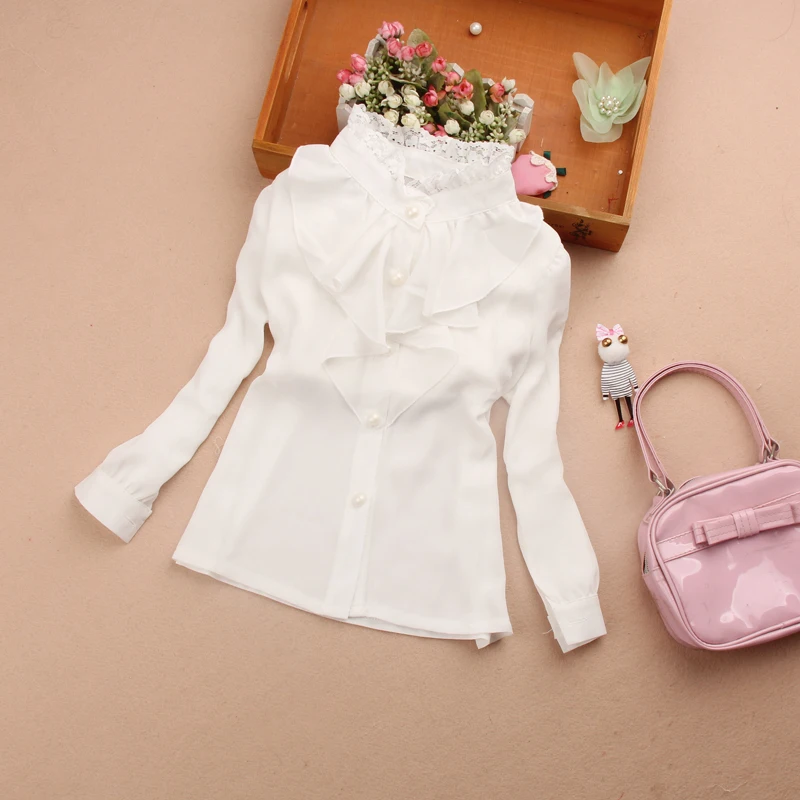 Girls Spring Autumn Blouses Chiffon Peter Pan Collar Long Sleeve Shirt White Lace Decoration 6 8 10 Y