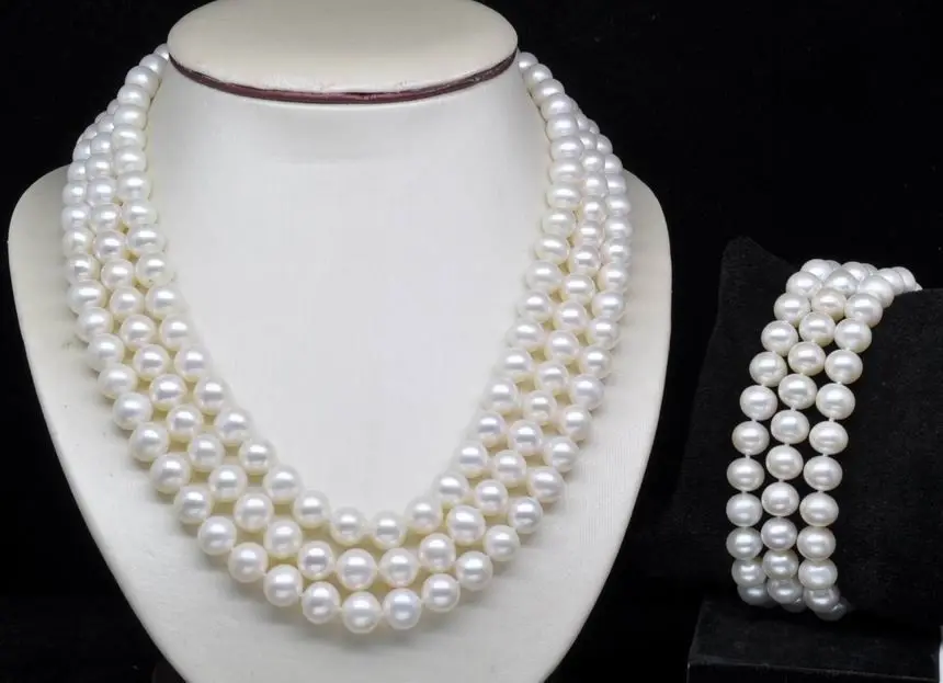 

Hot sell Noble- charm Jew.656 Natural Triple Strand AA 7-8mm White pearl Set necklaces&bracelets (A0516)