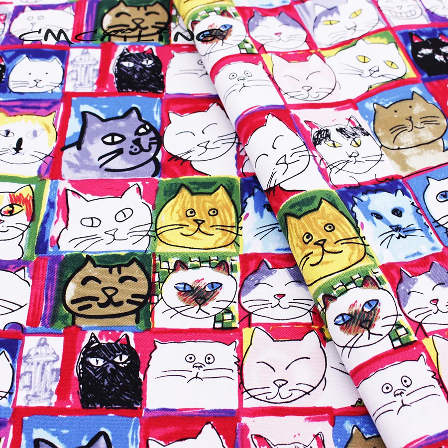 

CMCYILING Printed Cotton Canvas Fabric Patchwork Cartoon Cat Cloth For Sofa Tablecloth Bag Doll Curtain Home Decoration 50*150cm
