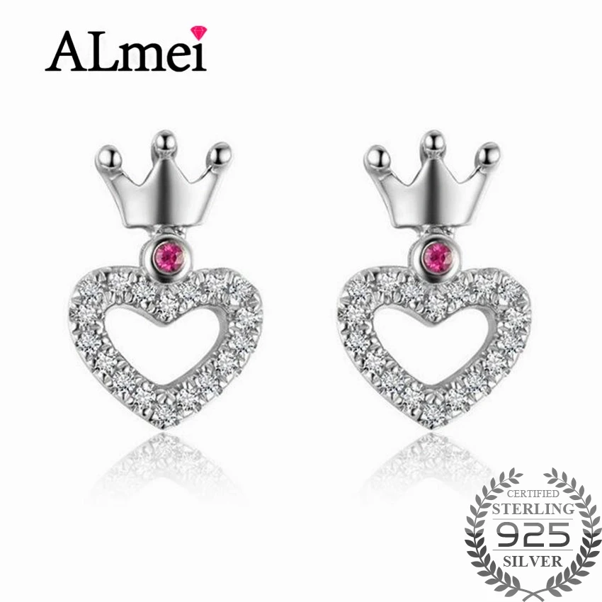 Almei 2017 New Real 925 Sterling Silver Heart Crown Pave Stud Earrings With Clear CZ for Women Girls Gifts with Box 40% LR021 | Украшения и