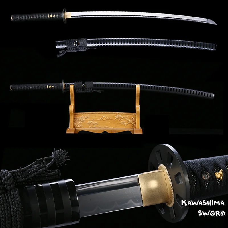 Genuine Kwashima Sword Brand Handmade Japanese Katana T10 Steel Sharp For Battle Wood Sheath Black Painted With Ring Shape