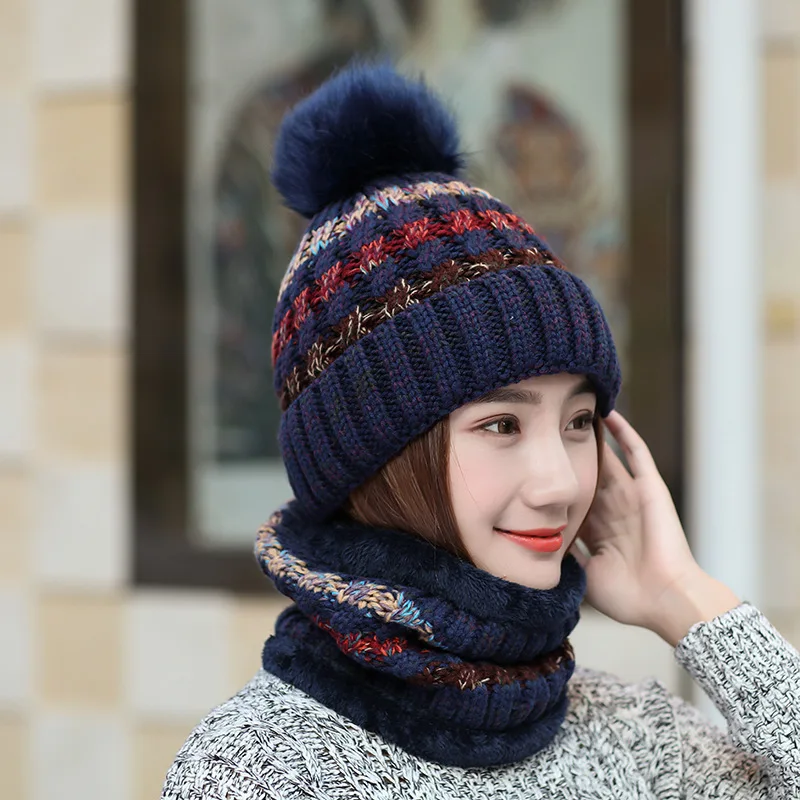 Женская шапка шарф набор женский зимний плюс бархатный теплый вязаный шапочки шарфы женские уличные вязаные повседневные шарф Набор крышек