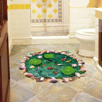 

3D lotus pond Fish Floor sticker bathroom living room floor decoration mural for home decor wall decals wallpaper stickers
