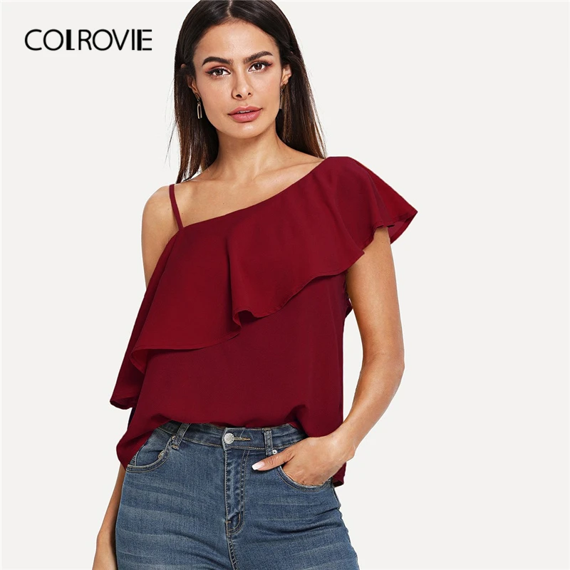 

COLROVIE Burgundy Solid Asymmetrical Neck Ruffle Flounce Korean Fashion Blouse Shirt 2019 Summer Sleeveless Elegant Women Shirts