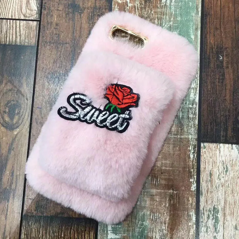 Tfshining Fur Case For iPhone X XR XS Max Lovely Winter Plush Furry Sweet Rose Silicone Phone Case Cover For iphone 6s 7 8 plus (7)