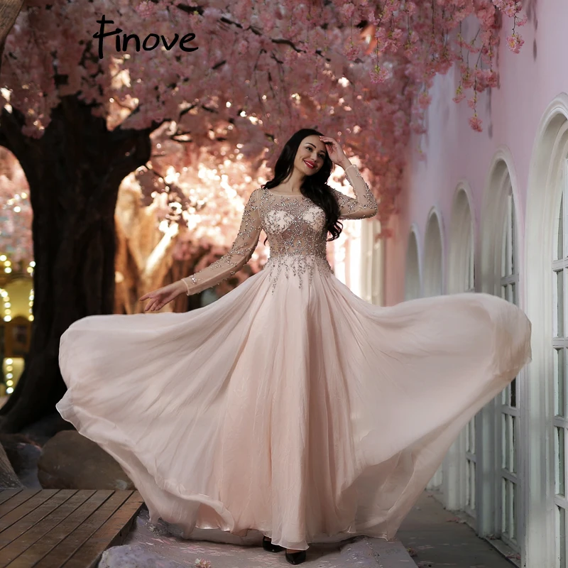 Finove Prom Dresses Long 2020 Long Sleeve Crystals Beading By Hand Sexy See-through A-Line Bridesmaid Dresses Robe de Soiree