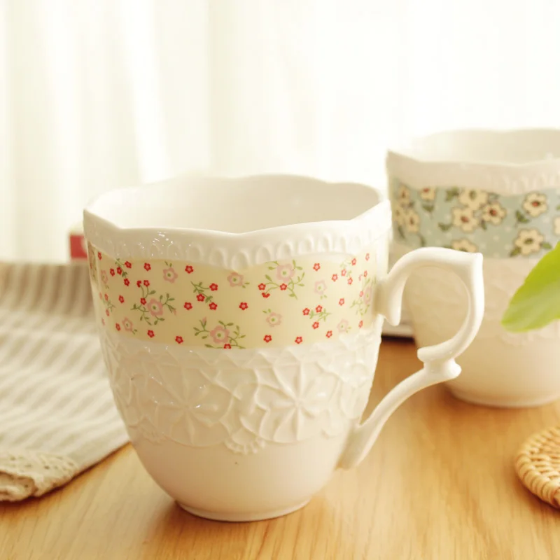 Best Bone China Ceramic Mugs With Handgrip American Style Pastoral Floral Printed Emboss Coffee Tea Breakfast Cups White With Spoon