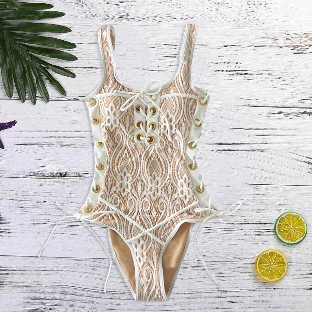 2019 Solid Lace Bandage One Pieces Swimsuit Lace Up Hollow Strap Swimwear Women Swimsuit Swim Suit Beachwear Maillot De Bain