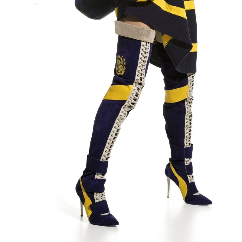 Conception Habillées De Couleur Femmes Mince Cuissardes Marque Talons Abesire Broderie Bleu Piste Pointu Hauts Dame Mode Chaussures Bout Mélangée lFc1TKJ3