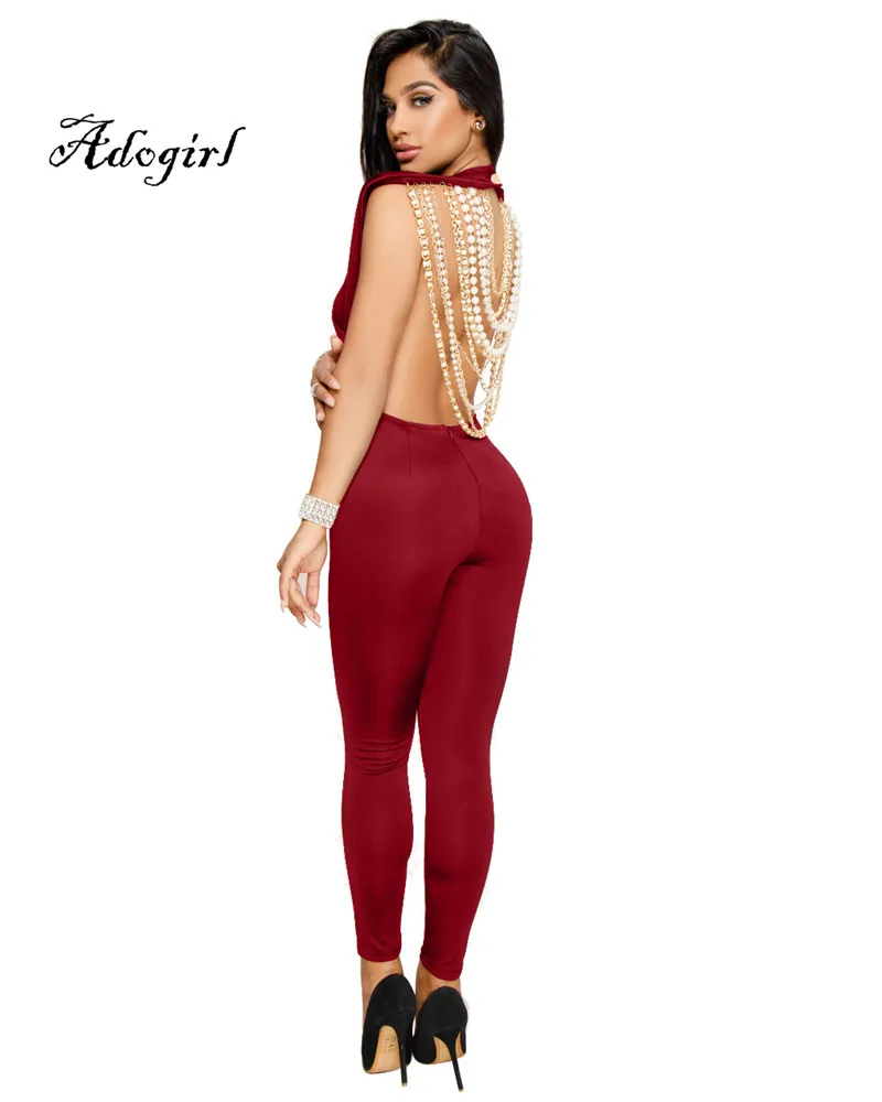 Adogirl 2018 Spring Sexy Back Pearl Chain Women Jumpsuit Wine-1