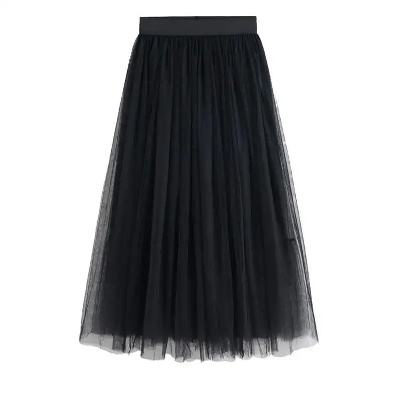 Summer Tulle Long Skirts Women Black Beige Gray White Mesh Pleated Skirt Layers Boal Gown Girl Vacation Beach Skirts - Цвет: DQ00160