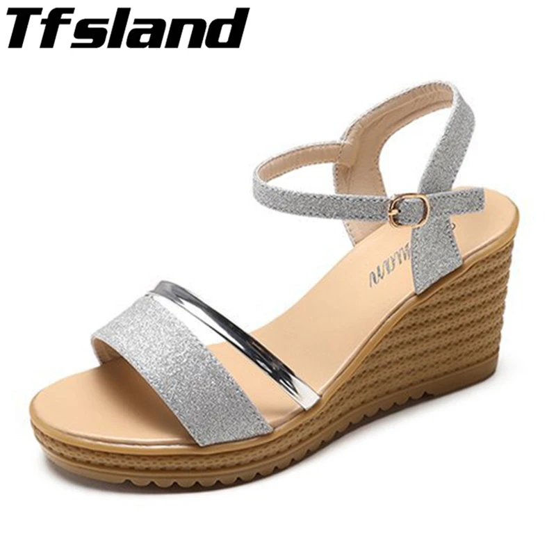 

Tfsland Women Shoes Gold Buckles Soft Wedges Sandals Beach Sneakers Women Walking Shoes Thicken Platform Beach & Outdoor Sandals
