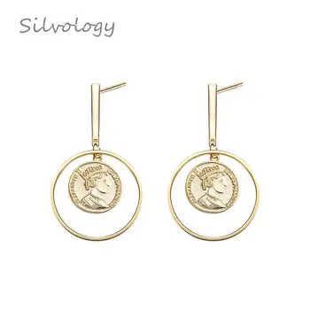 

Silvology 925 Sterling Silver Circle Figure Long Stud Earrings Gold Creative Texture Elegant Female Earrings Friendship Jewelry