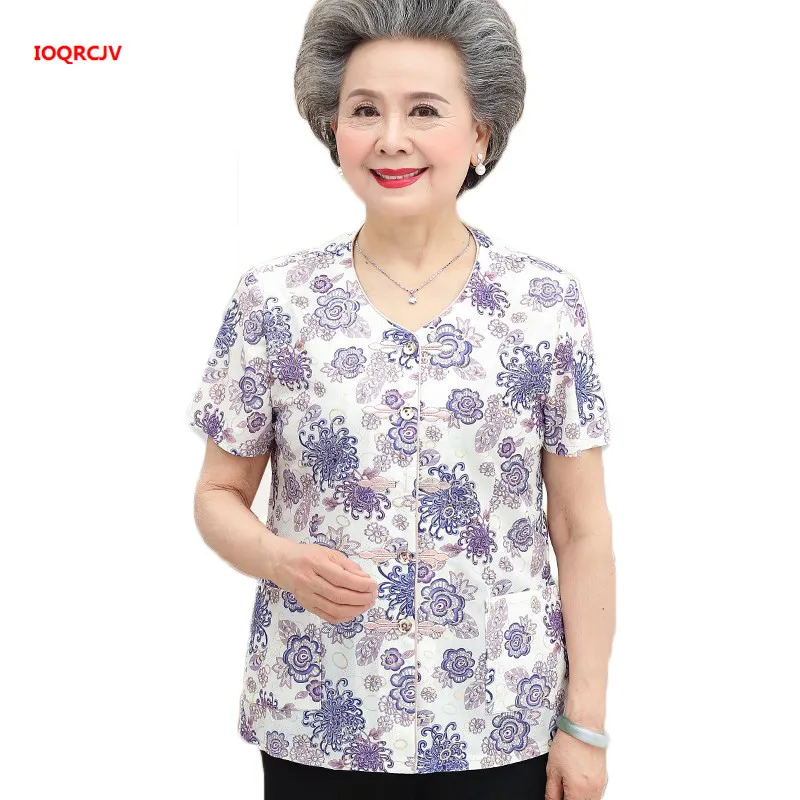 

Plus Size 5XL Middle-aged Old Mother's Print Shirt 2019 Summer Short Sleeve Thin Blouse And Tops Elegant Grandma Shirts W974