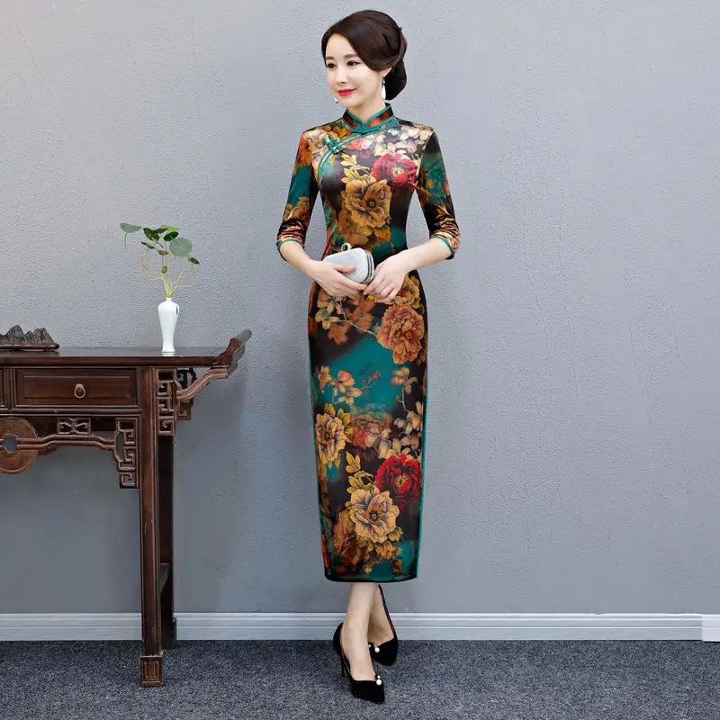 Китайский женский элегантный Cheongsam женский винтажный воротник стойка Тонкий длинный Qipao большой размер 4XL с цветочным принтом вечернее платье vestidos - Цвет: Color 9