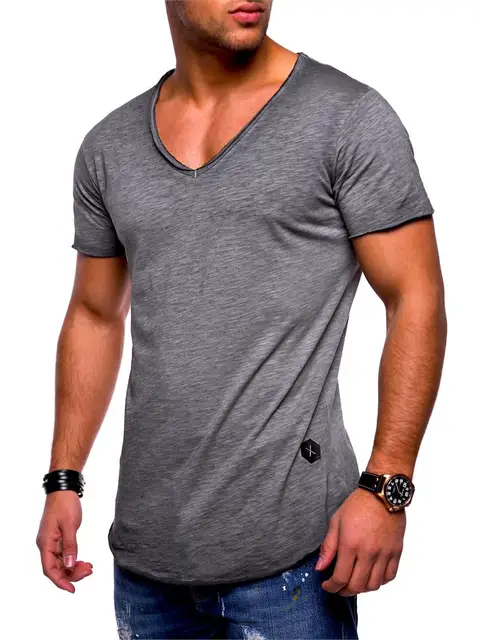 Male 2018 Brand Short Sleeve Solid Color Cotton T Shirt V Neck Slim Men ...