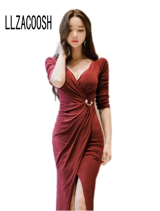 Buy LLZACHOOSH Korean Style Women Long Party Dress 2017 Sexy Red V neck Long