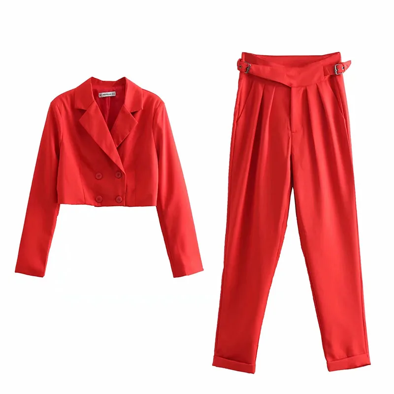 

Short Suit 2-piece Set Women Double Breasted Shirt + Buckle Pants Casual Women Casual Suit Spring Vintage Female Fashion Set