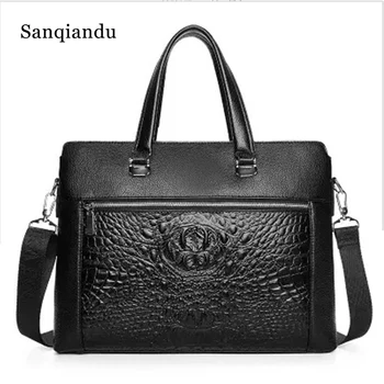 

Sanqiandu Brand Men's Briefcase Satchel Bags Genuine leather Laptop Handbag Business Crocodile Pattern Crossbody Shoulder Bags