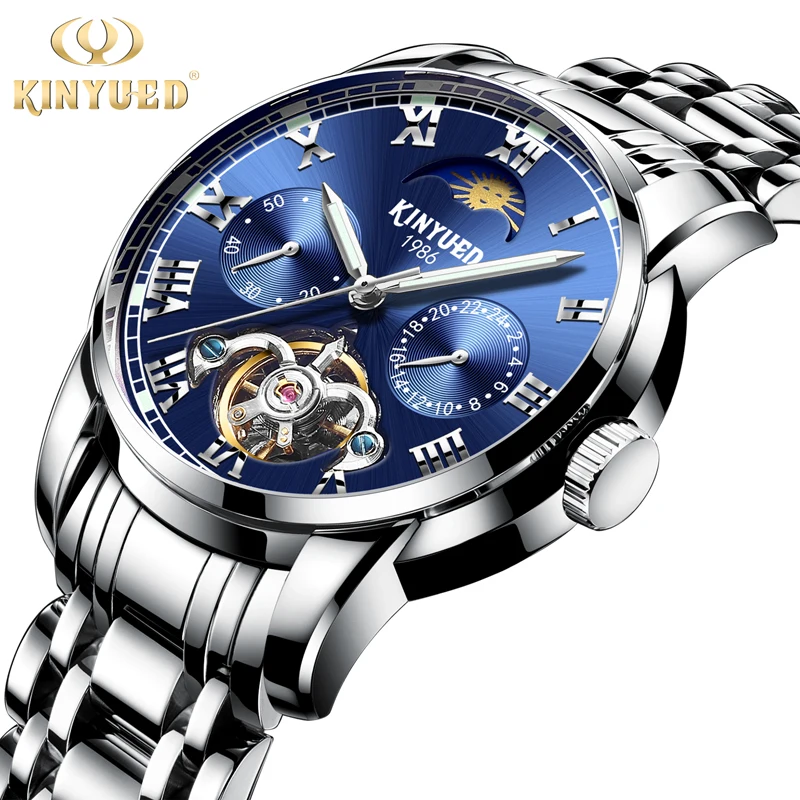 

KINYUED Business Mechanical Automatic Men Watches Brands Perpetual Calendar Mens Skeleton Watch Waterproof Steel Reloj Hombre