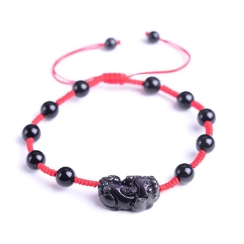 

Wholesale Natural Obsidian Stone Anklets With Lucky Pixiu Anklet Women Girl Blessing Hand waved Anklet Simple Style Jewelry