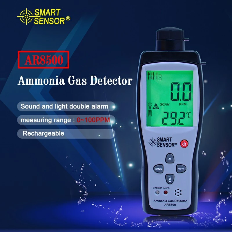 Smart Sensor Handheld Ammonia Gas NH3 Detector Meter Tester Monitor Range 0-100PPM Sound Light Alarm Gas Analyzers AR8500