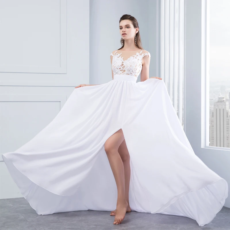 Шифон пляжные свадебные платья 2019 Vestido De Noiva винтажные кружевные аппликации пикантные для женщин Свадебное платье с кепки короткий рукав