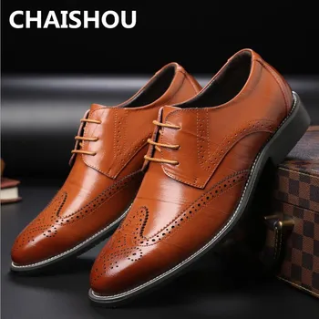 

CHAISHOU 2019 Spring Men Flats Genuine Leather Dress Shoes Brogue Oxford Lace Up Male Casual Shoes Black Brown Size 38-47F-258