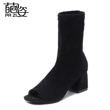 

New Design Spring/Autumn Ladies Open Toe High Heels Fashion Ankle Boots Solid Black Peep Toe Casual Flat Heels Boots For Ladies
