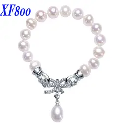 XF800 3 носить методы элегантный естественный пресноводный жемчуг браслет 9-10 мм белый возле круглая жемчужина fine jewelry S27