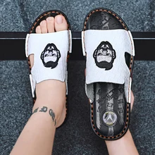 GOODRSSON/повседневные мужские тапочки из натуральной кожи с рисунком; нескользящая подошва; мужские пляжные Повседневные тапочки