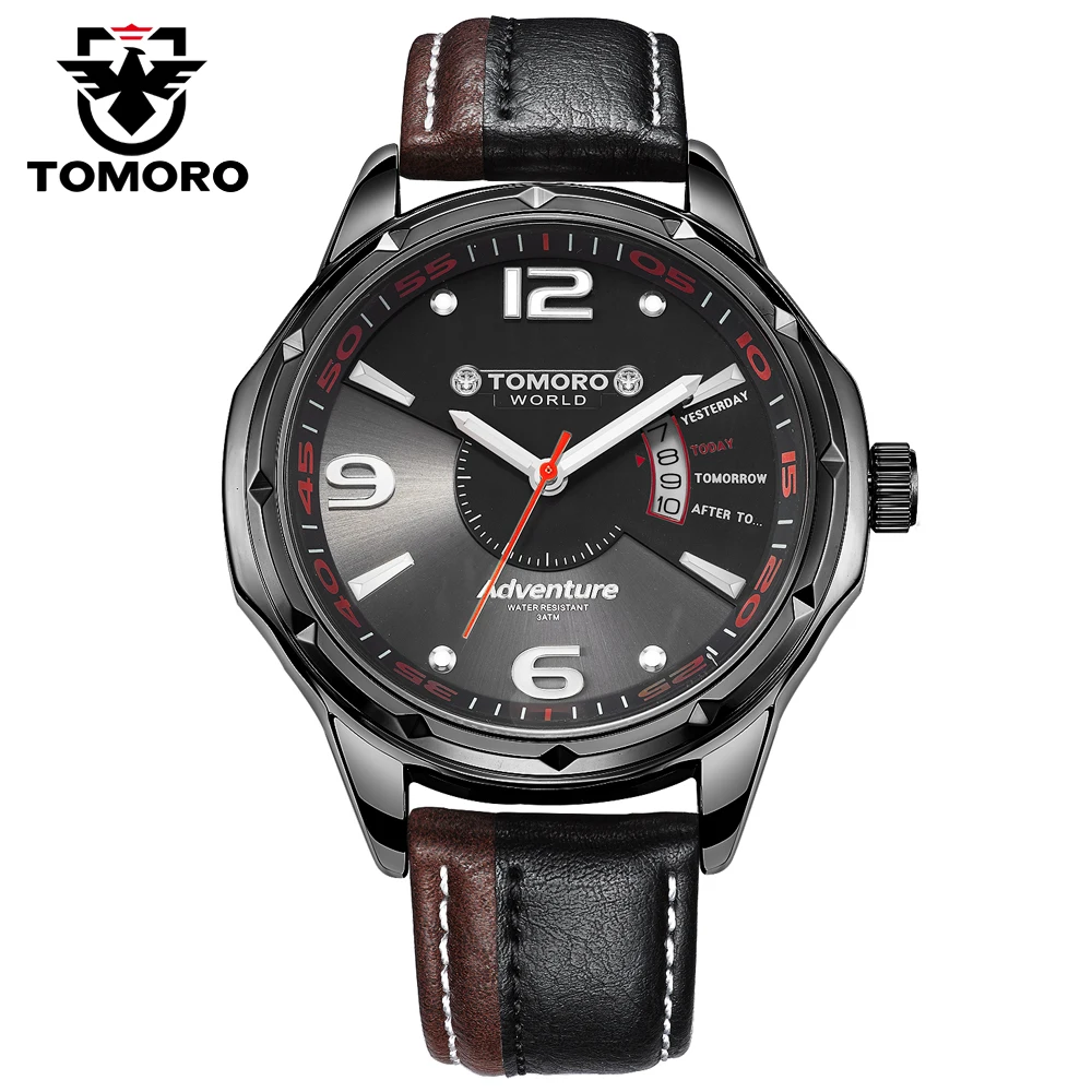 

TOMORO 2017 New Luxury Casual Fashion Men Genuine Leather Japan Calendar Clock Quartz Unique Black Watches relogio masculino