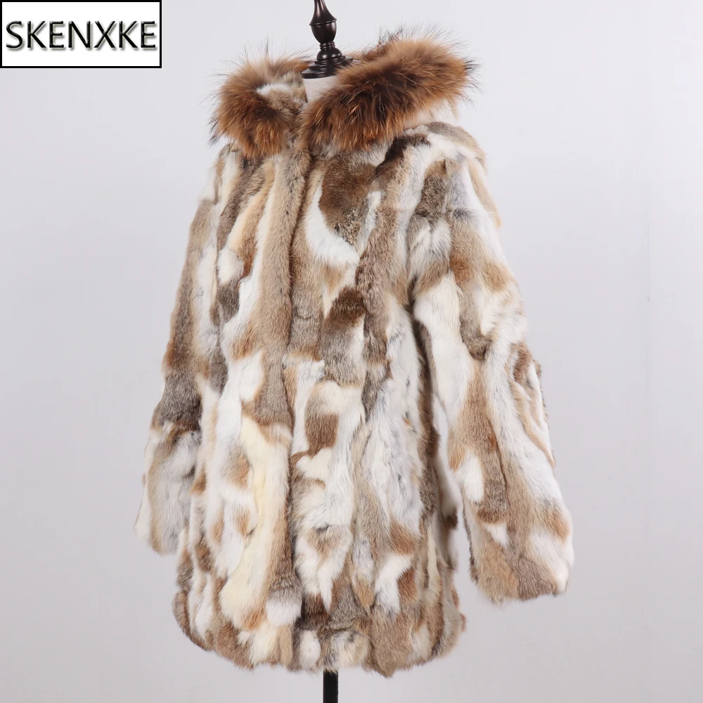 

2019 Winter Women Rabbit Fur Coat Real Genuine Rabbit Fur Jacket With Real Raccoon Fur Collar Real Lady Natural Fur Hooded Coats