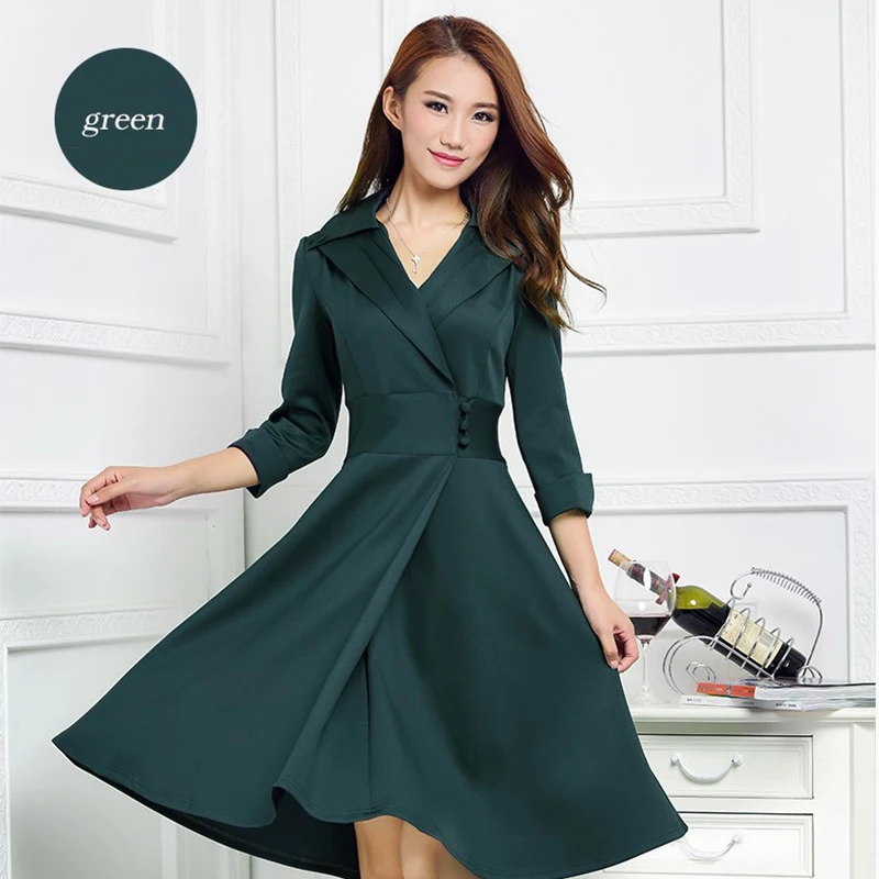 

2018 larger size ladies long temperament collar three quarter sleeve big pendulum dress Q20