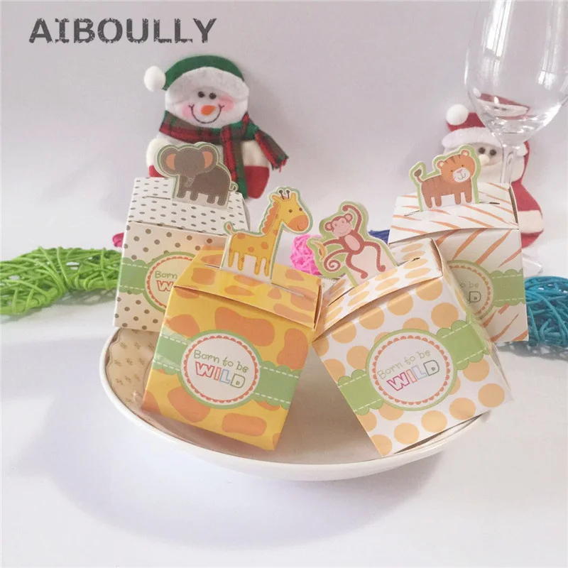 50pcs/lot DIY Baby Shower Favors Box Safari Animal Wild Favor Box Candy