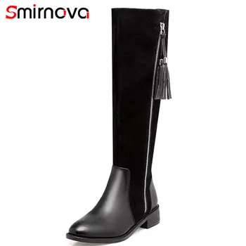 

Smirnova 2018 NEW fashion zipper knee high boots for women genuine leather+cow suede boots square med heels winter boots
