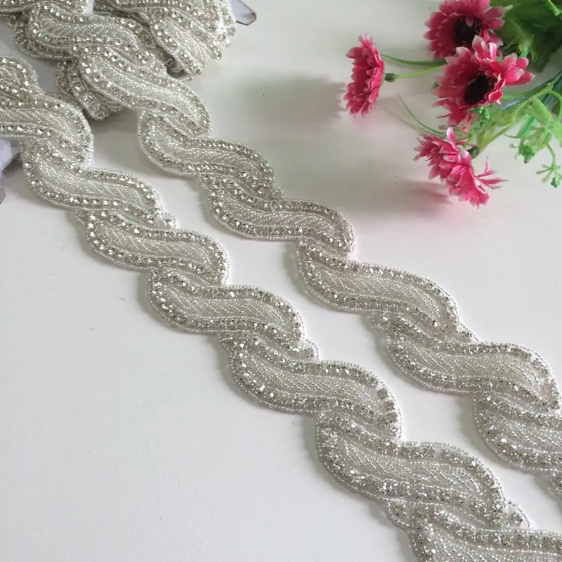 Long Diamond Waist Beaded Bridal Sash Belt with Ribbon Sash on Wast