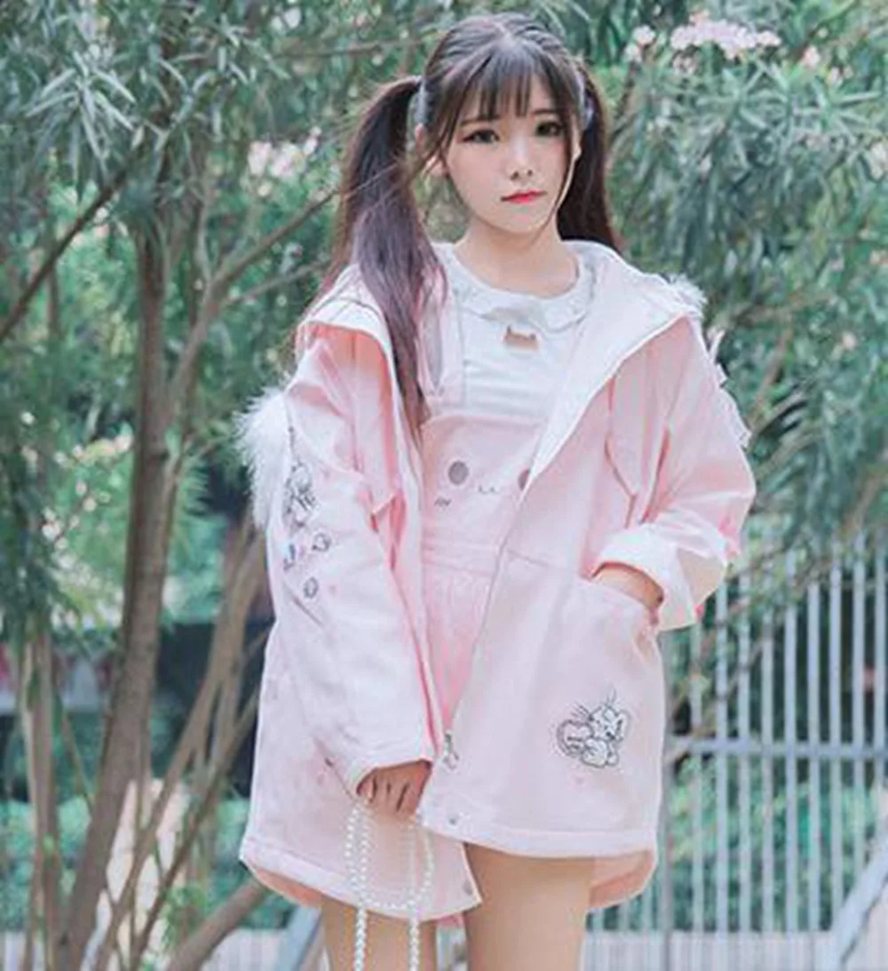 Girls Cute Lolita Coat Winter Pink Thicken Cartoon Fake Fur Hood Bunny Print Jacket Outwear