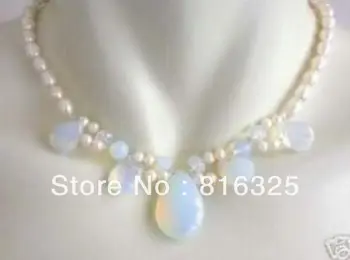 

SHIPPING>> Blue Fire Opal and Fresh Water Pearl Cluster Necklace 18" CZ 925 natural Luxury Ms. girl CZ Crystal stone gems