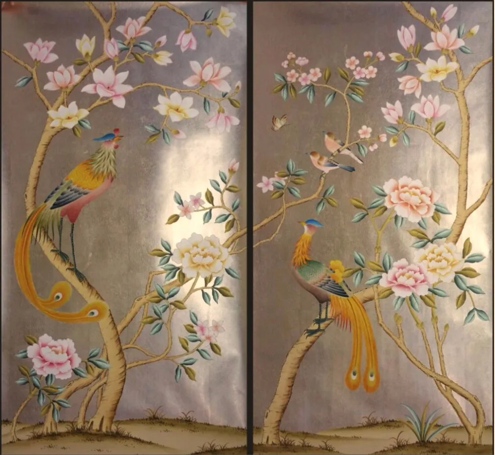 Luxurious Hand painted gold foil wallpaper painting flowers with birds HAND PAINTED wallpaper many arts/background optional бра mantra paola painted gold 3548