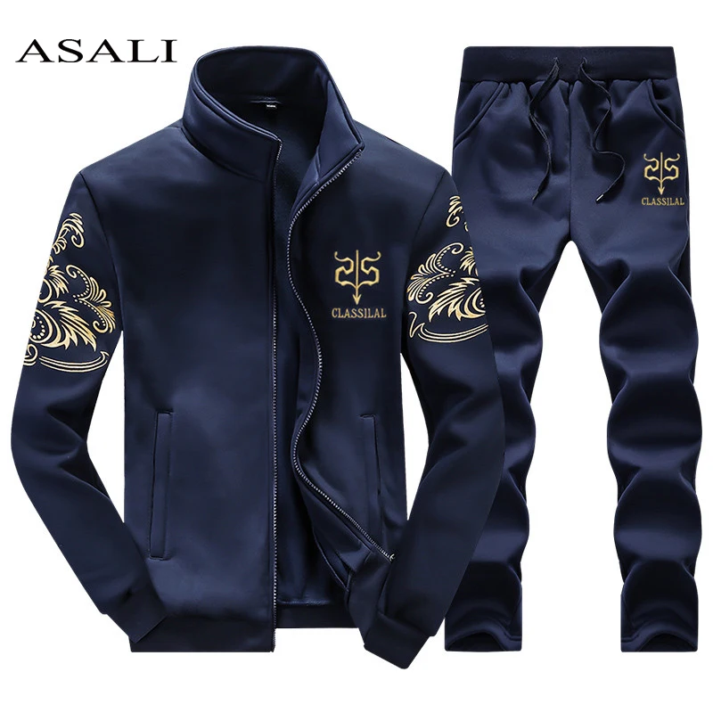 ASALI 2019 Men's Sportwear Suit Sweatshirt Tracksuit Without Hoodie Men Casual Active Suit Zipper Outwear 2PC Jacket+Pants Sets